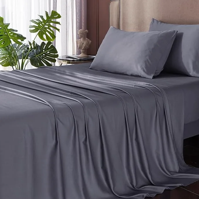 HYPREST Deep Pocket Queen Sheets,Rayon Derived from Bamboo, Grey Bed Sheets Fits 18"-24