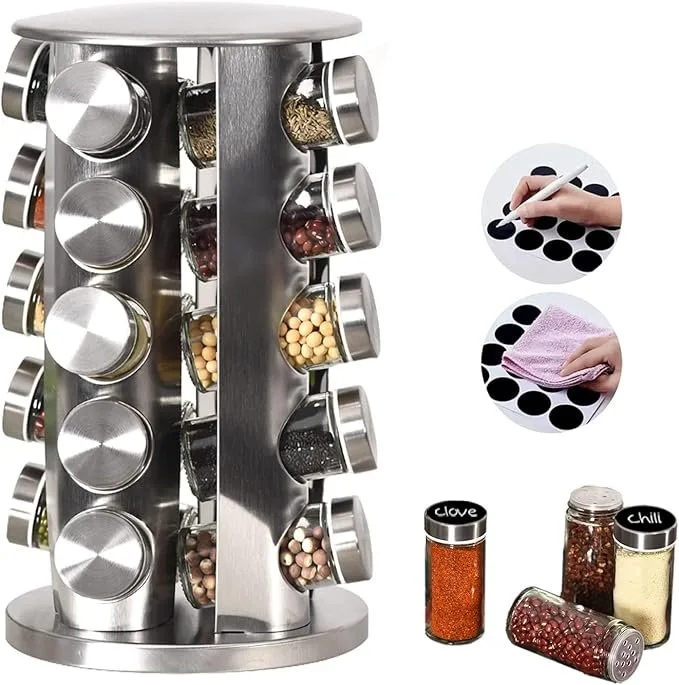 EBIZ&TECH 20-Jar Stainless Steel Rotating Spice Rack with Non-Slip Base