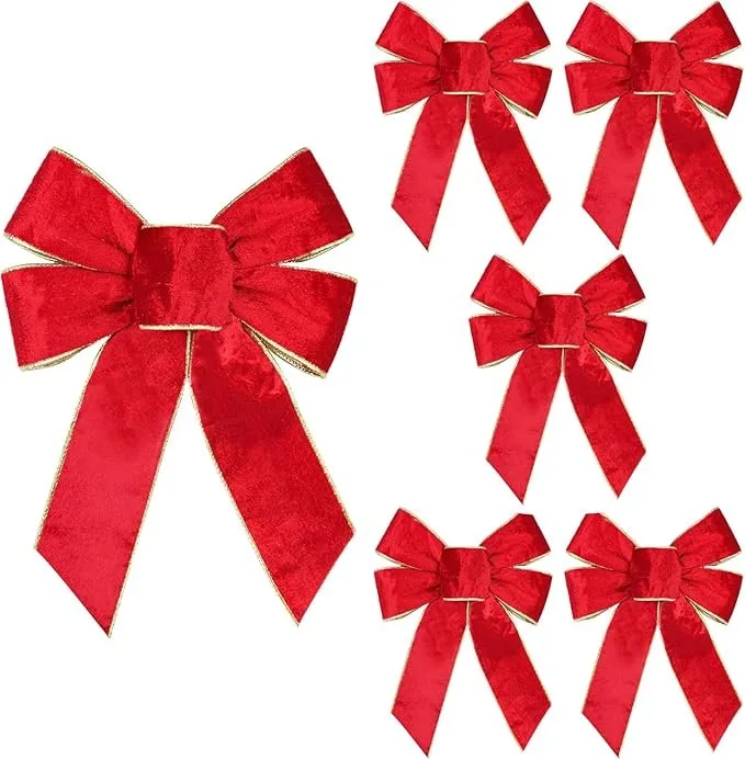 BUVANE 6PCS Red Christmas Velvet Bows, 9" x 12" Christmas Wreath Bow with Golden Edged