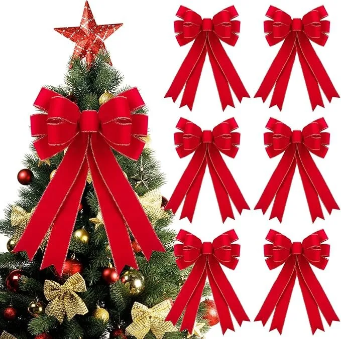6 Pcs Red Christmas Bows Outdoor Decorations - 16”x24” Large Velvet Wreath