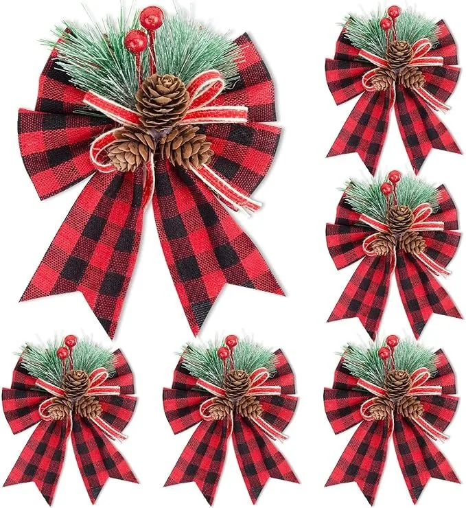 JOHOUSE 6PCS Christmas Red Buffalo Plaid Bows, 6 x 5 Inch Decorative Christmas Bows