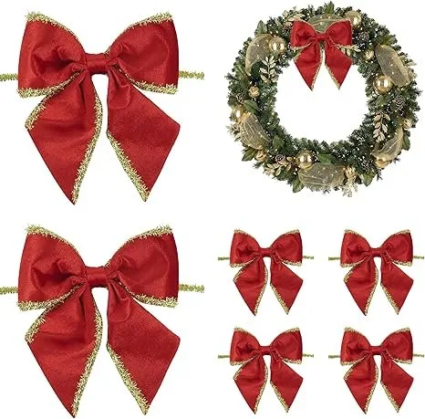 5" Red Bows Velvet Ribbon Bows with Gold Tinsel Edge, Christmas Bows